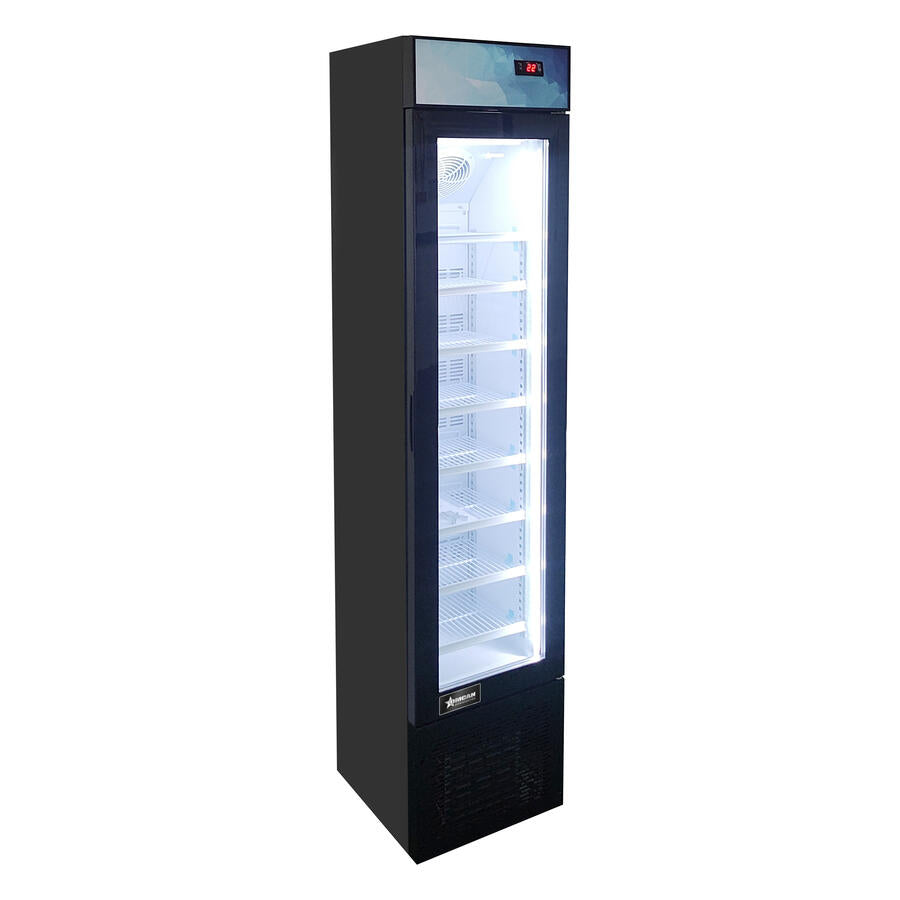 Omcan FR-CN-0105B 17 In. Slim Glass-Door Black Display Freezer, 105L (3.7 Cu. Ft.), 8 Shelves, Top Lightbox