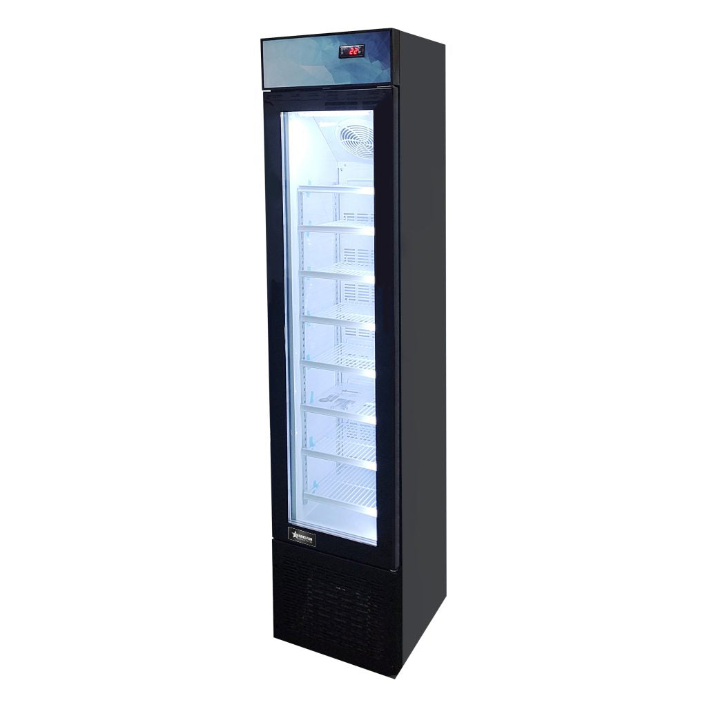 Omcan FR-CN-0105B 17 In. Slim Glass-Door Black Display Freezer, 105L (3.7 Cu. Ft.), 8 Shelves, Top Lightbox