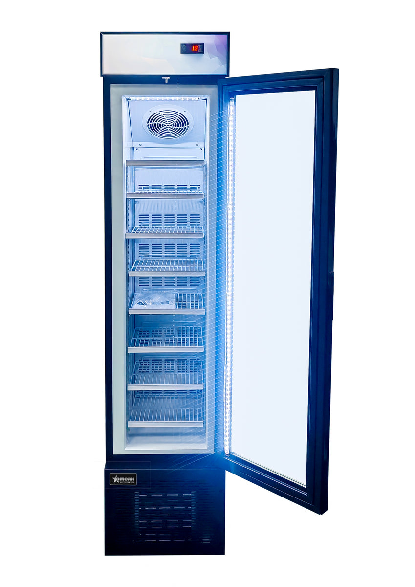 Omcan FR-CN-0105B 17 In. Slim Glass-Door Black Display Freezer, 105L (3.7 Cu. Ft.), 8 Shelves, Top Lightbox