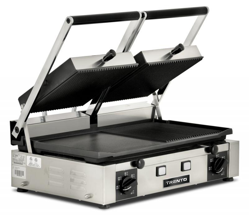 Omcan PG-IT-0737 10 x 19 In. Panini Grill, Ribbed Top and Half-Ribbed Half-Smooth Bottom, Cast Iron, 3000W, 220V