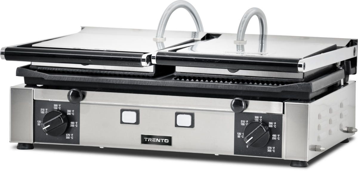 Omcan PG-IT-0737 10 x 19 In. Panini Grill, Ribbed Top and Half-Ribbed Half-Smooth Bottom, Cast Iron, 3000W, 220V