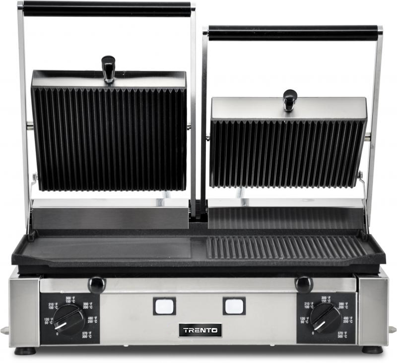 Omcan PG-IT-0737 10 x 19 In. Panini Grill, Ribbed Top and Half-Ribbed Half-Smooth Bottom, Cast Iron, 3000W, 220V