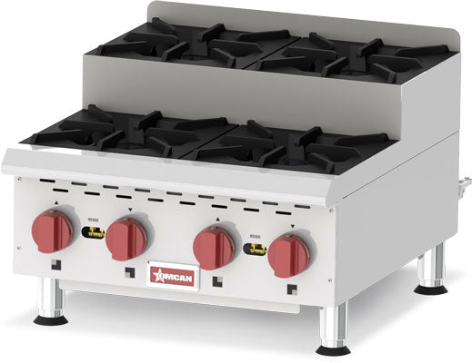 Omcan CE-CN-0424-S 24 In. Countertop Step-Up Gas Hot Plate, 4 Burners, 120,000 BTU, Cast Iron Grates