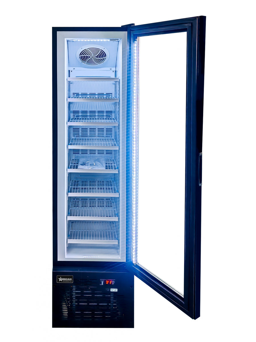 Omcan FR-CN-0105 17 In. Slim Glass-Door Black Display Freezer, 105L (3.7 Cu. Ft.), 8 Shelves