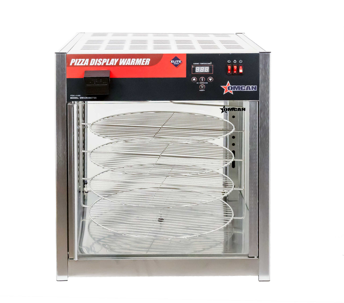 Omcan DW-CN-0457SS 24 In. Pizza Display Warmer, 1,500W, 18 In. Rotating Shelves, Tempered Glass, Digital Controls