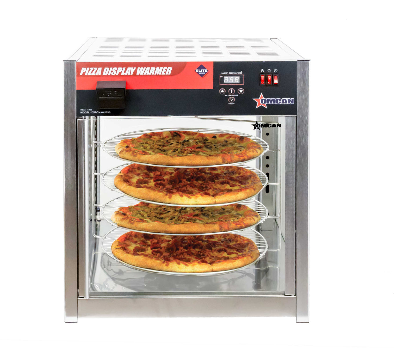 Omcan DW-CN-0457SS 24 In. Pizza Display Warmer, 1,500W, 18 In. Rotating Shelves, Tempered Glass, Digital Controls