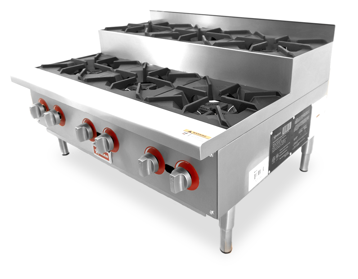 Omcan CE-CN-HP36-S 36 In. Countertop Step-Up Gas Hot Plate, 6 Burners, 156,000 BTU, Open Burner Design