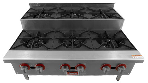 Omcan CE-CN-HP36-S 36 In. Countertop Step-Up Gas Hot Plate, 6 Burners, 156,000 BTU, Open Burner Design