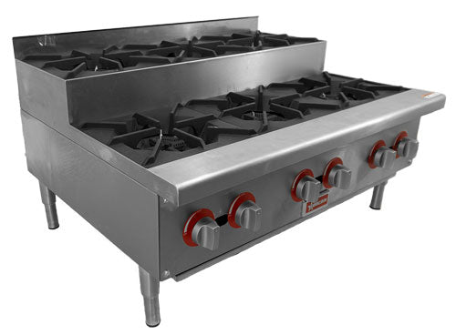 Omcan CE-CN-HP36-S 36 In. Countertop Step-Up Gas Hot Plate, 6 Burners, 156,000 BTU, Open Burner Design