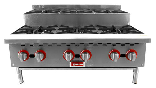 Omcan CE-CN-HP36-S 36 In. Countertop Step-Up Gas Hot Plate, 6 Burners, 156,000 BTU, Open Burner Design