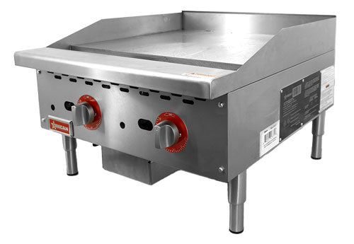 Omcan CE-CN-G24-TP 24 In. Countertop Thermostat Gas Griddle, 2 Burners, 56,000 BTU, 1" thick steel griddle plate