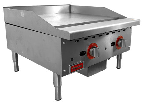 Omcan CE-CN-G24-TP 24 In. Countertop Thermostat Gas Griddle, 2 Burners, 56,000 BTU, 1" thick steel griddle plate