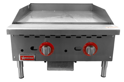 Omcan CE-CN-G24-TP 24 In. Countertop Thermostat Gas Griddle, 2 Burners, 56,000 BTU, 1" thick steel griddle plate