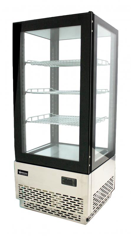 Omcan RS-CN-0078 17 In. Four-Sided Glass Countertop Refrigerated Showcase, 78L (2.75 Cu. Ft.), R134a, 3 Shelves, Swing Door