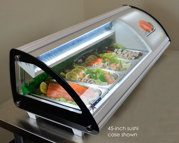 Omcan RS-CN-0103-SC 69 In. Refrigerated Sushi Showcase, Curved Glass, 103L (3.63 Cu. Ft.), 5 x 1/2 GN
