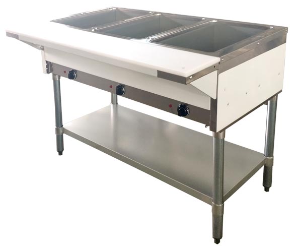 Omcan FW-CN-0003-NG 44 In. Natural Gas Open Well Steam Table, 3 Full-Size Pans, 10,500 BTU, Cutting Board, Undershelf