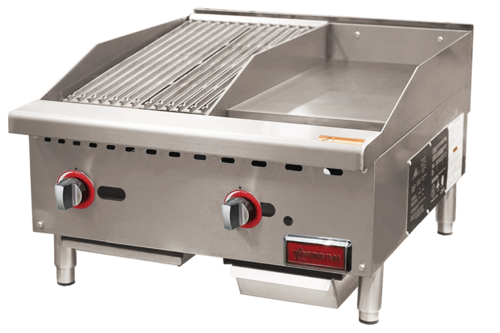 Omcan CE-CN-12C12G 24 In. Countertop Gas Charbroiler and Griddle Combo, 12" Charbroiler + 12" Griddle, 65,000 BTU