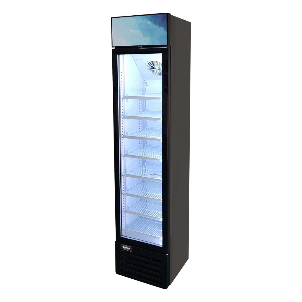 Omcan RS-CN-0145 145L (5 Cu. Ft.) Slim Glass-Door Display Refrigerator with Top Lightbox, Black