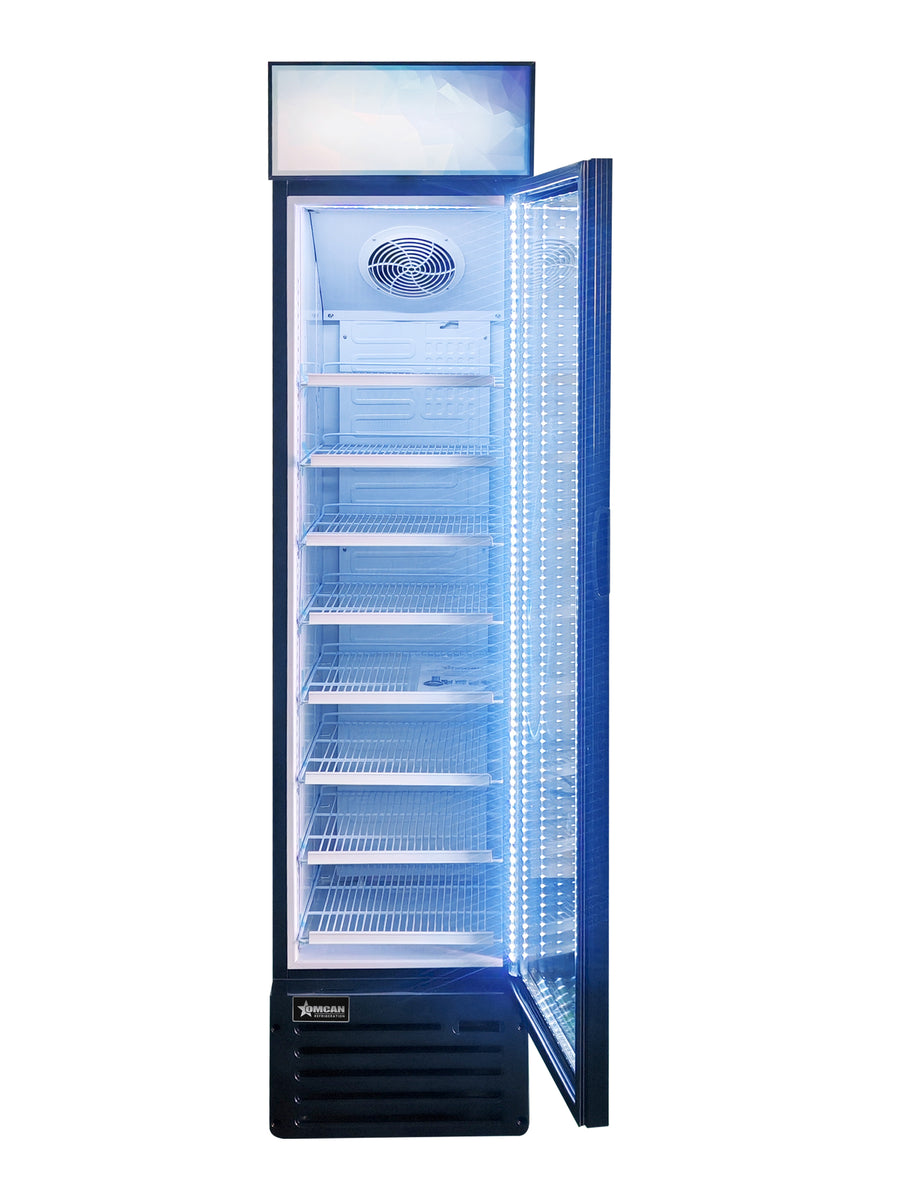 Omcan RS-CN-0145 145L (5 Cu. Ft.) Slim Glass-Door Display Refrigerator with Top Lightbox, Black