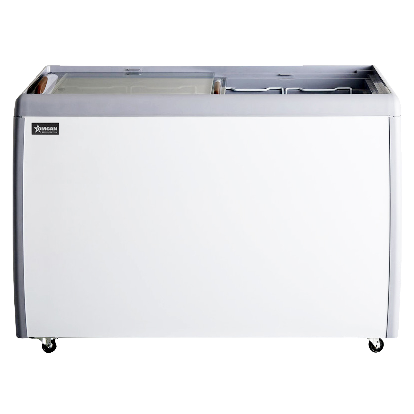Omcan FR-CN-0360-R 50 In. Ice Cream Display Chest Freezer, 13.1 Cu. Ft., Flat Glass Top, R290, 4 Baskets, 4 Casters