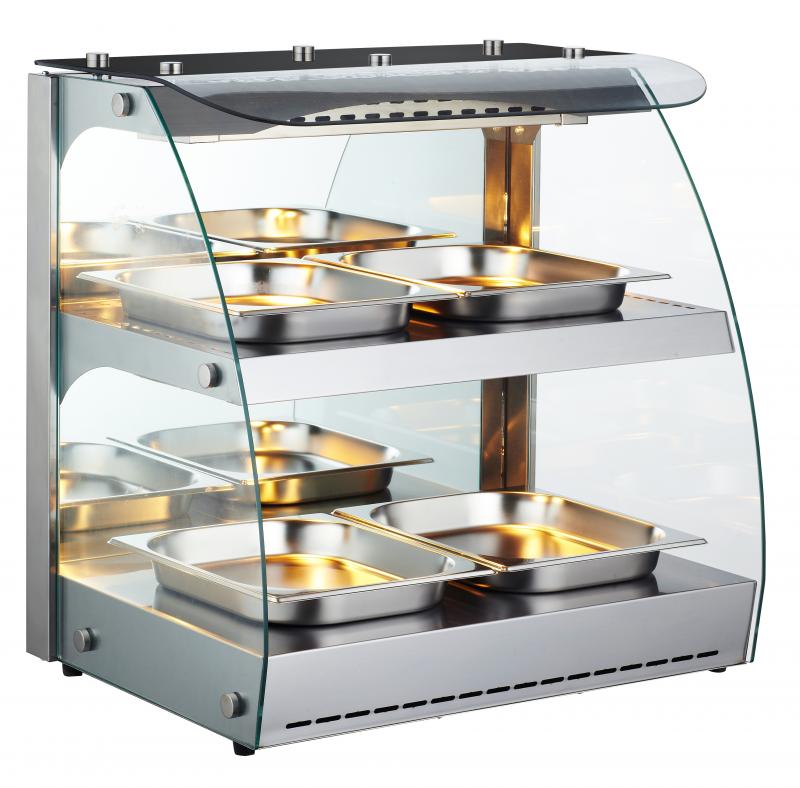 Omcan FW-CN-0100-C 18.3" Countertop Full Service Heated Display Case, 2-Shelf, 100L (3.53 Cu. Ft.), Curved Glass