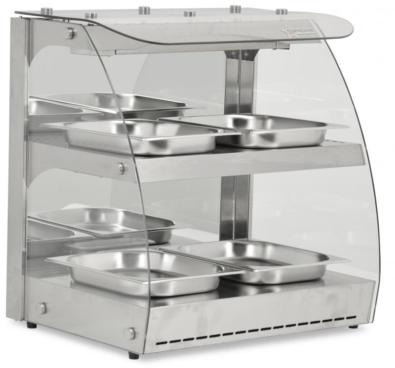 Omcan FW-CN-0100-C 18.3" Countertop Full Service Heated Display Case, 2-Shelf, 100L (3.53 Cu. Ft.), Curved Glass