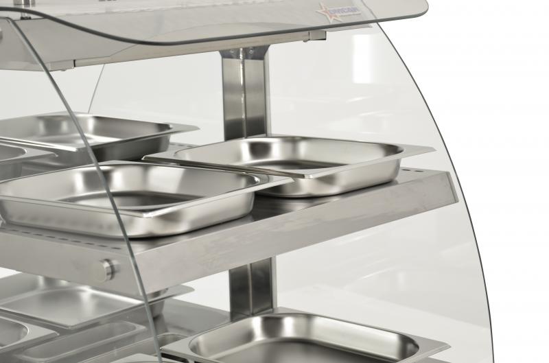 Omcan FW-CN-0100-C 18.3" Countertop Full Service Heated Display Case, 2-Shelf, 100L (3.53 Cu. Ft.), Curved Glass