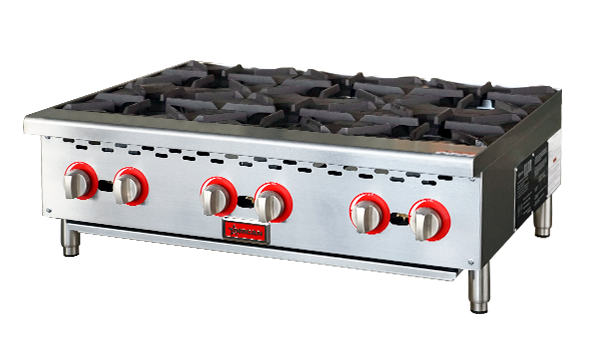 Omcan CE-CN-HP36-M 36 In. Countertop Gas Hot Plate, 6 Burners, 150,000 BTU, Open Burner Design