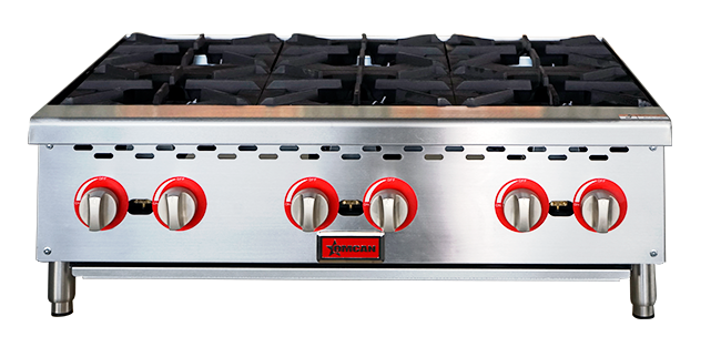 Omcan CE-CN-HP36-M 36 In. Countertop Gas Hot Plate, 6 Burners, 150,000 BTU, Open Burner Design