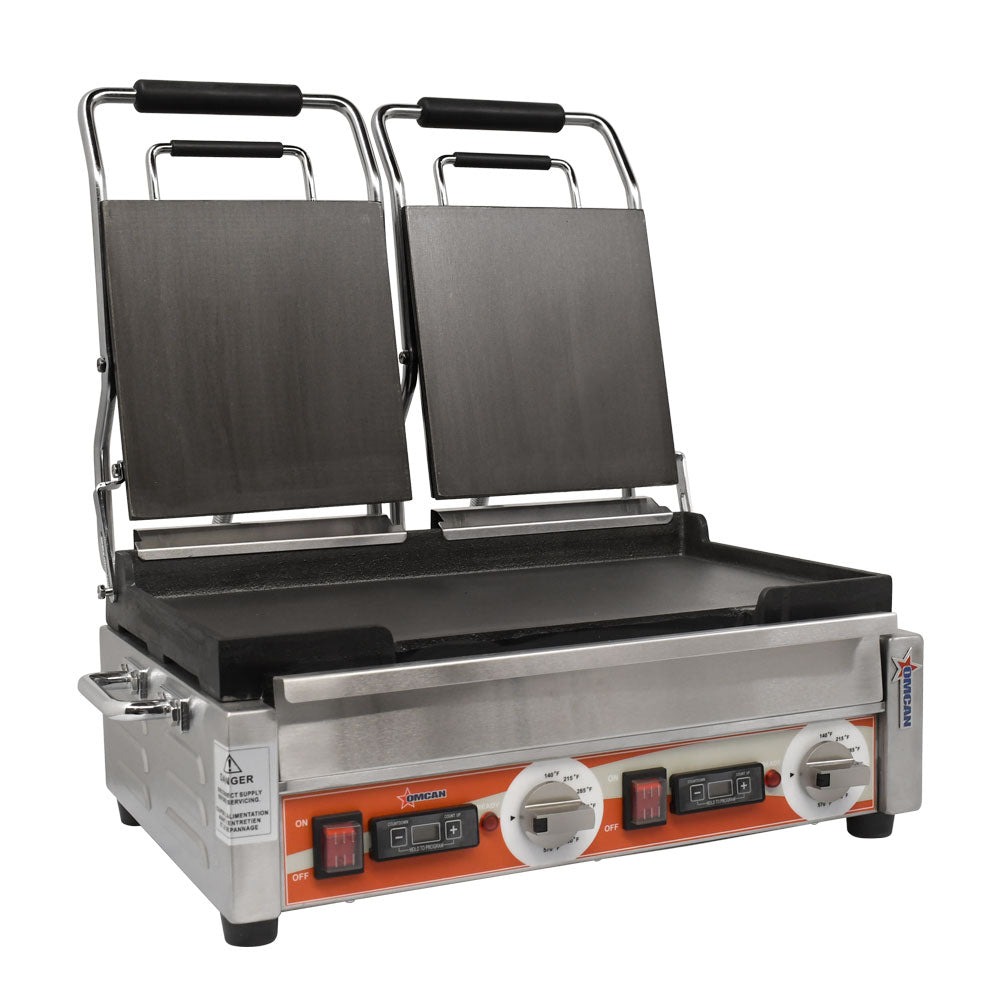 Omcan PG-CN-0711-FT 22 In. Double Panini Grill, Smooth/Smooth Cast Iron Plates, Built-In Timer