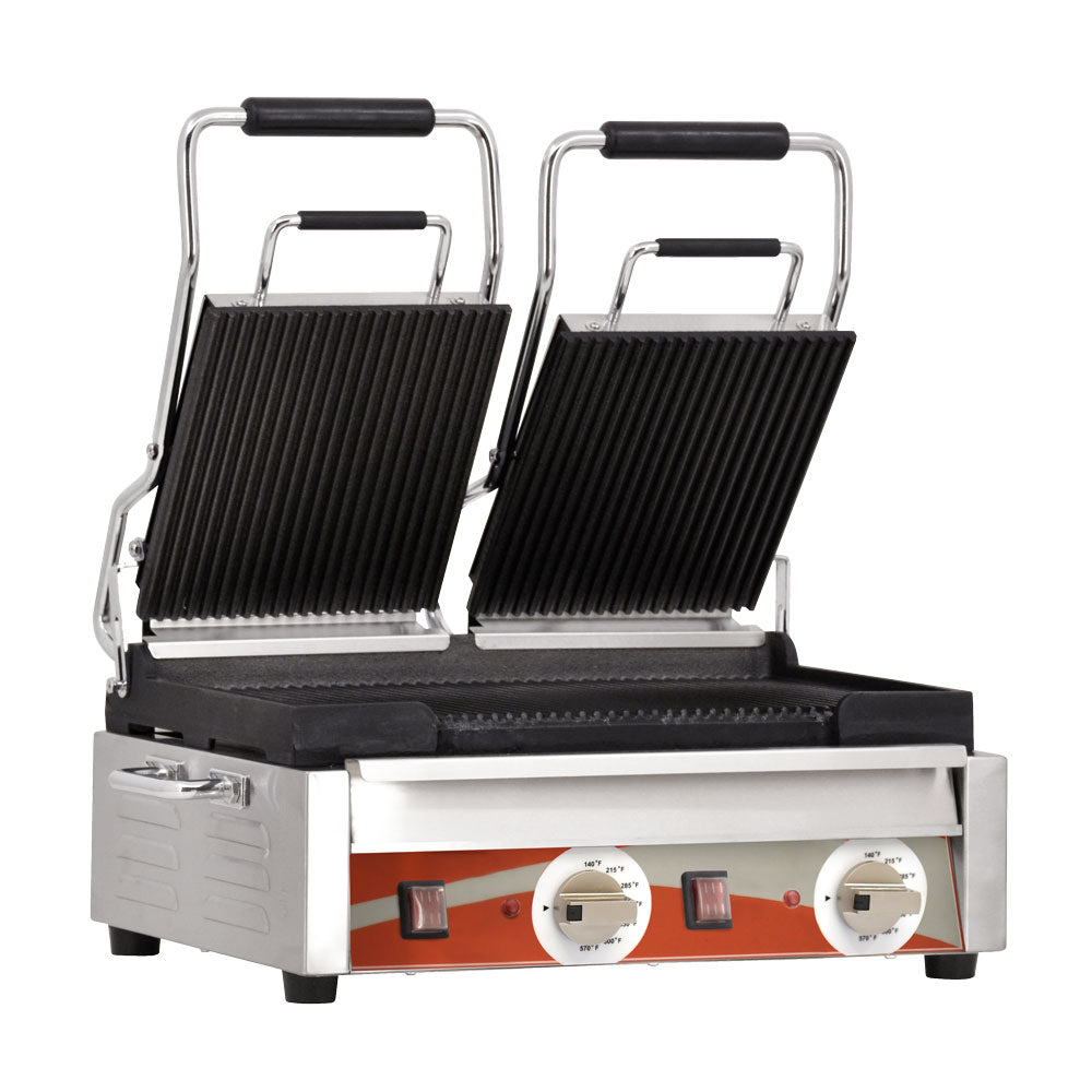 Omcan PG-CN-0711-R 22 In. Double Panini Grill, Grooved/Grooved Cast Iron Plates