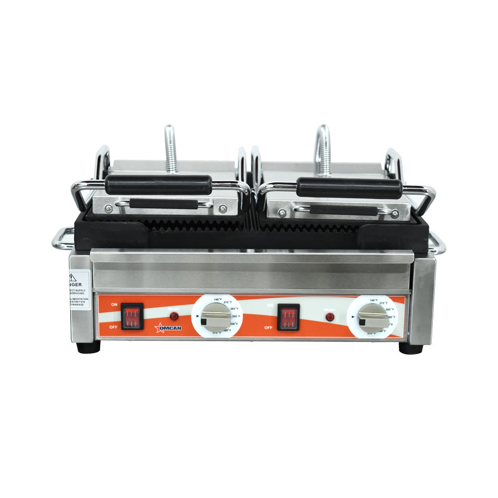 Omcan PG-CN-0711-R 22 In. Double Panini Grill, Grooved/Grooved Cast Iron Plates