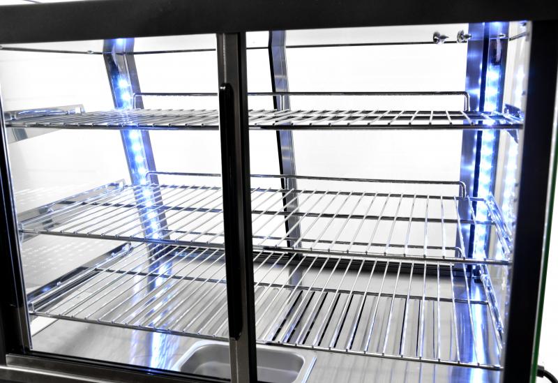 Omcan DW-CN-0096 26 In. Countertop Display Warmer, 96L (3.39 Cu. Ft.), 3 Chrome-Plated Shelves, Sliding Rear Doors