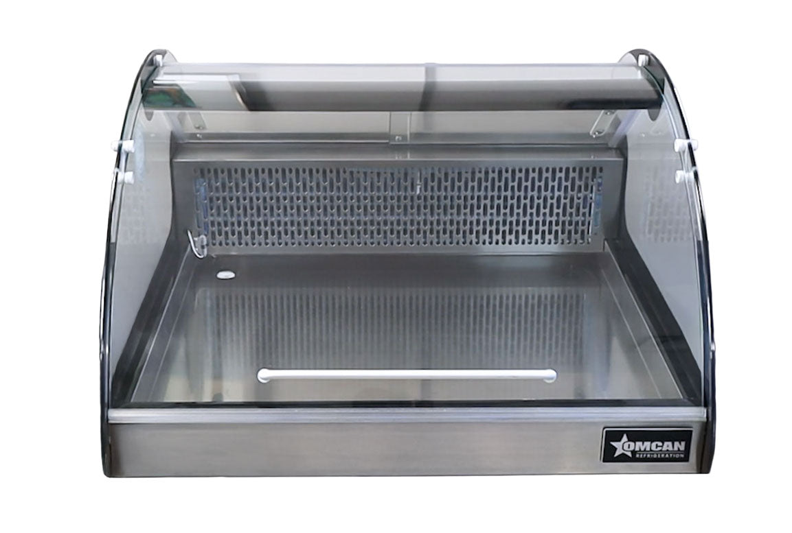 Omcan RS-CN-0118-E 27 In. Curved Glass Countertop Refrigerated Showcase, 118L (4.2 Cu. Ft.), R134a, Swing Door, Auto Defrost