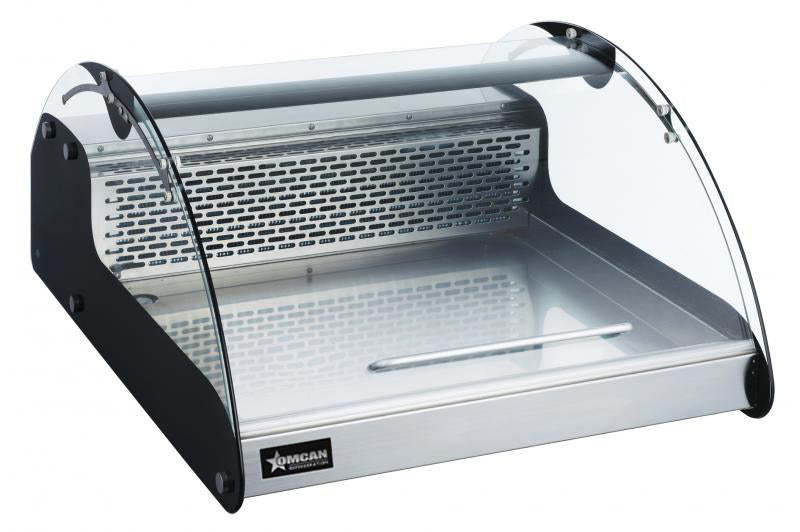 Omcan RS-CN-0118-E 27 In. Curved Glass Countertop Refrigerated Showcase, 118L (4.2 Cu. Ft.), R134a, Swing Door, Auto Defrost