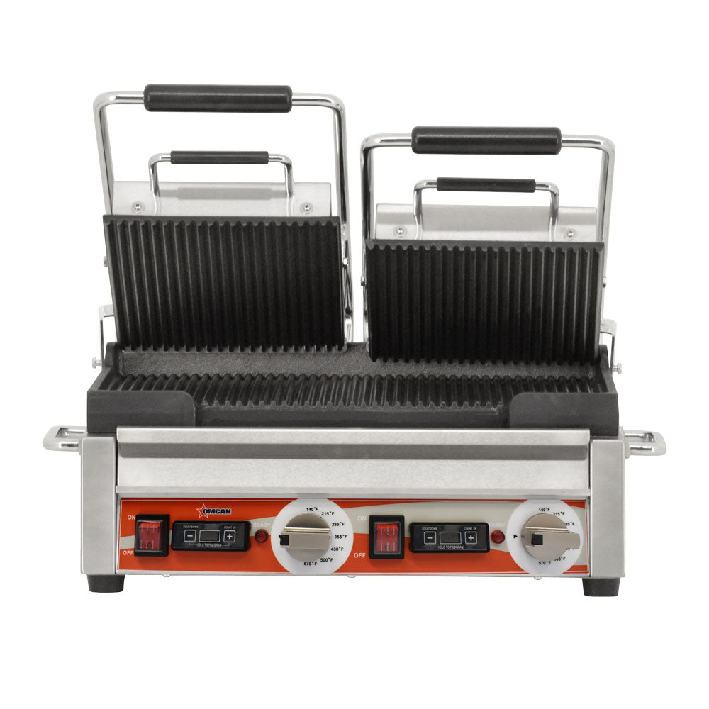 Omcan PG-CN-0711-RT 22 In. Double Panini Grill, Grooved/Grooved Cast Iron Plates, Built-In Timer