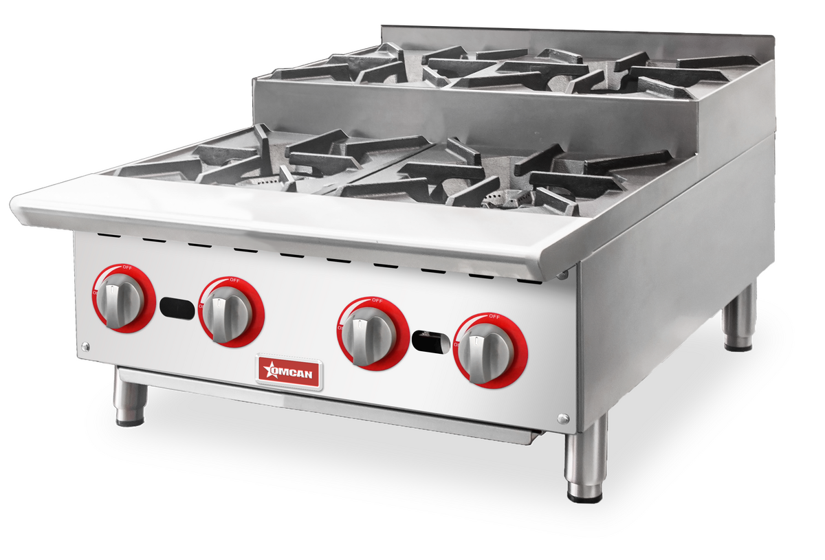 Omcan CE-CN-HP24-S 24 In. Countertop Step-Up Gas Hot Plate, 4 Burners, 104,000 BTU, Open Burner Design