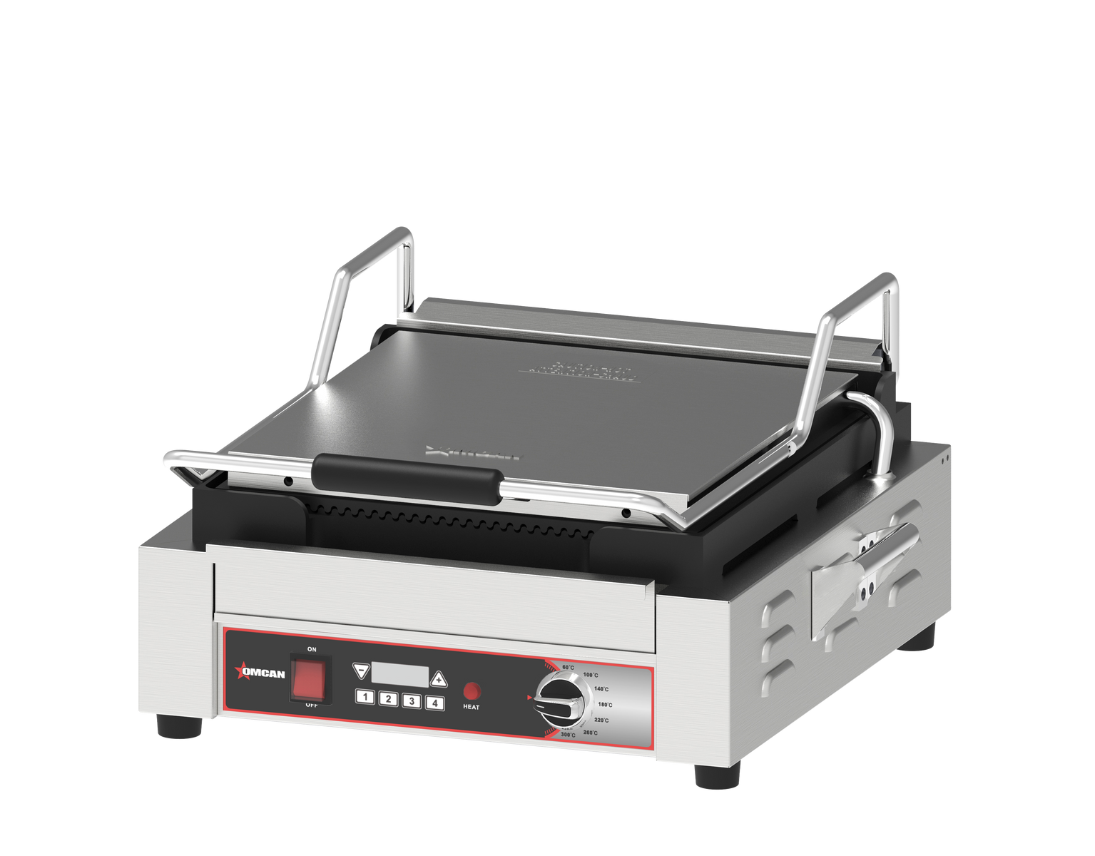 Omcan CE-CN-10173LH 18 In. Single Panini Grill, 14" x 14" Ribbed Cast Iron Plates, 1,800W, Digital Timer