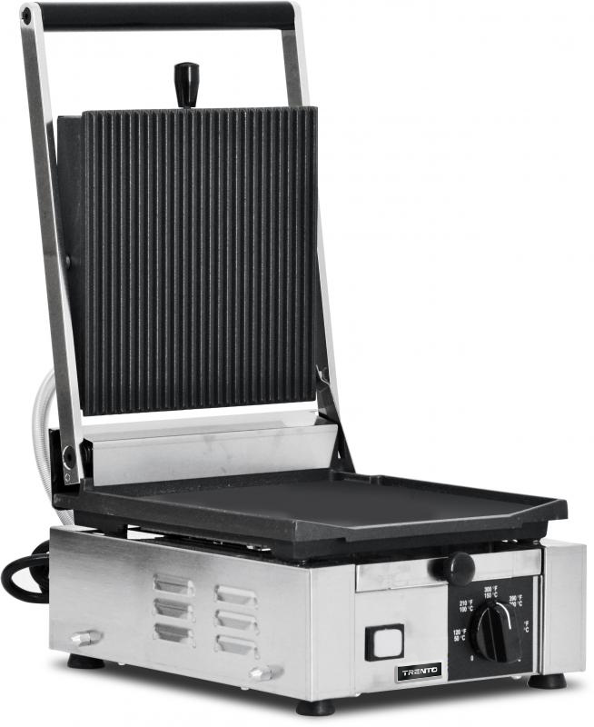 Omcan PG-IT-0483 10 x 9 In. Panini Grill, Ribbed Top and Smooth Bottom, Cast Iron, 1700W, 120V