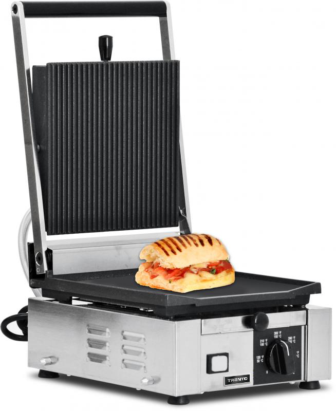Omcan PG-IT-0483 10 x 9 In. Panini Grill, Ribbed Top and Smooth Bottom, Cast Iron, 1700W, 120V