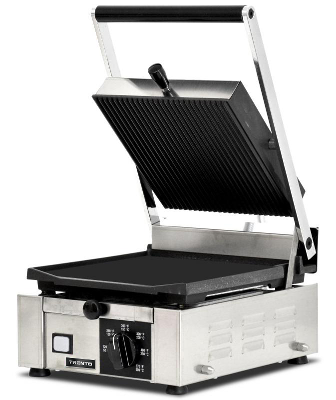 Omcan PG-IT-0483 10 x 9 In. Panini Grill, Ribbed Top and Smooth Bottom, Cast Iron, 1700W, 120V