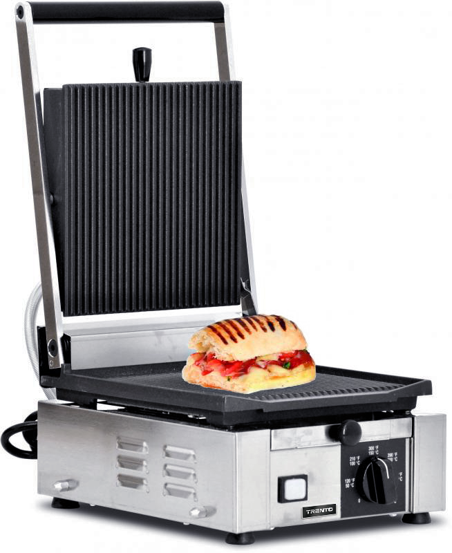 Omcan PG-IT-0483-R 10 x 9 In. Panini Grill, Ribbed Top and Bottom, Cast Iron, 1700W, 120V
