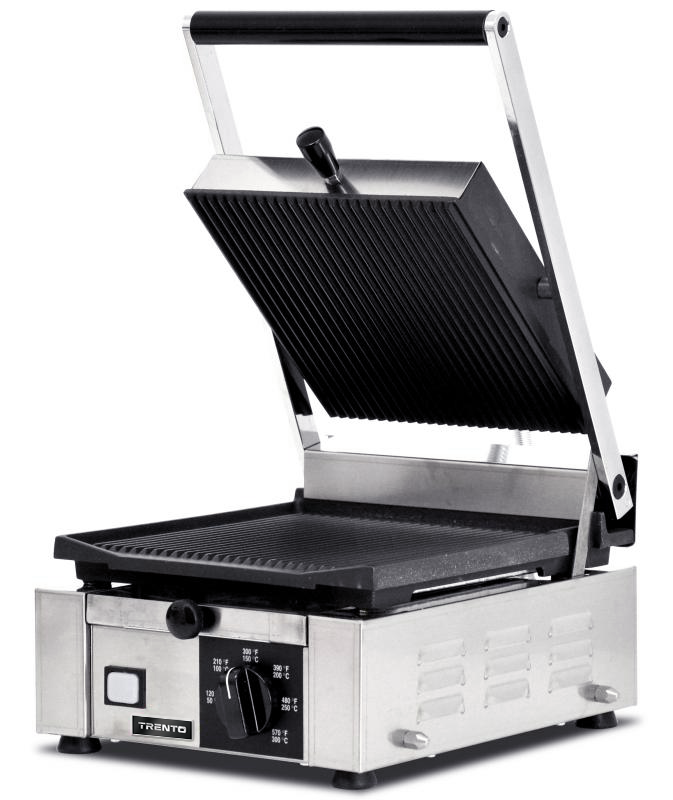 Omcan PG-IT-0483-R 10 x 9 In. Panini Grill, Ribbed Top and Bottom, Cast Iron, 1700W, 120V