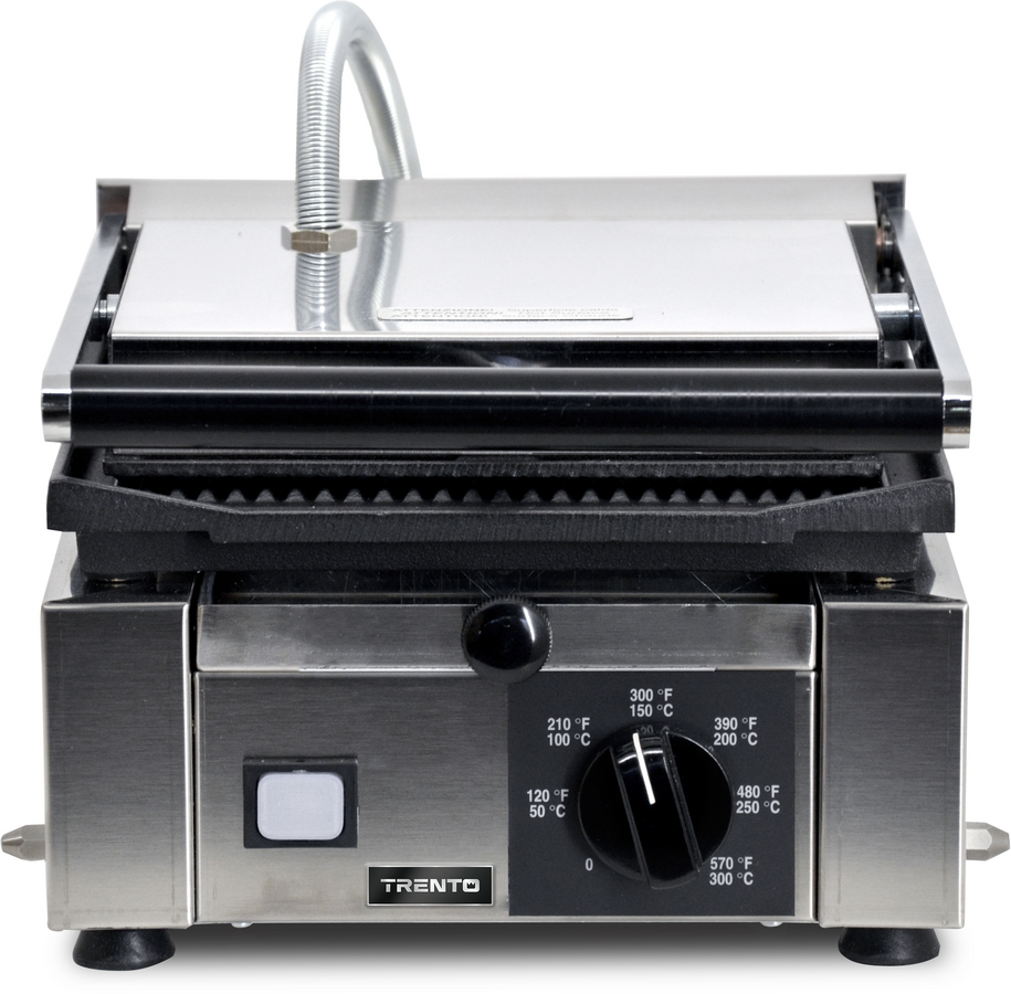 Omcan PG-IT-0483-R 10 x 9 In. Panini Grill, Ribbed Top and Bottom, Cast Iron, 1700W, 120V
