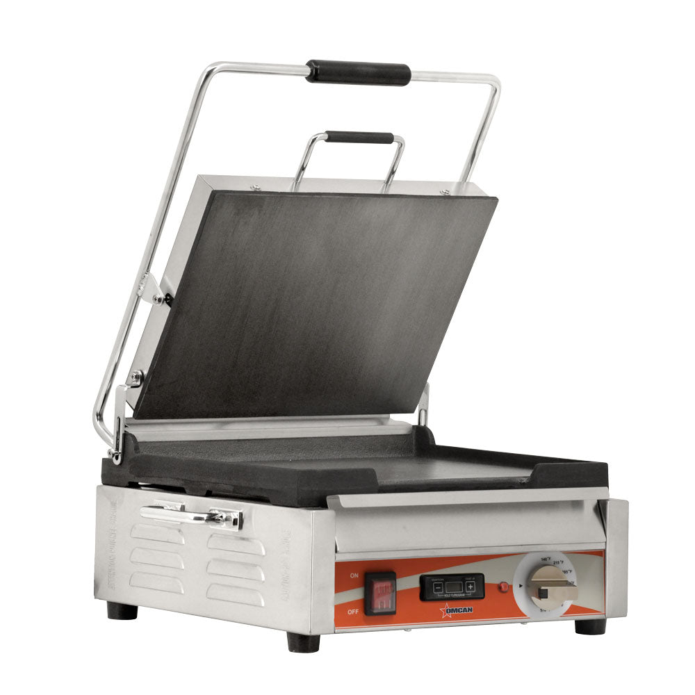Omcan PG-CN-0679-FT Single Panini Grill, 12" x 15" Cast Iron Smooth Plates, Stainless Steel, Built-In Timer