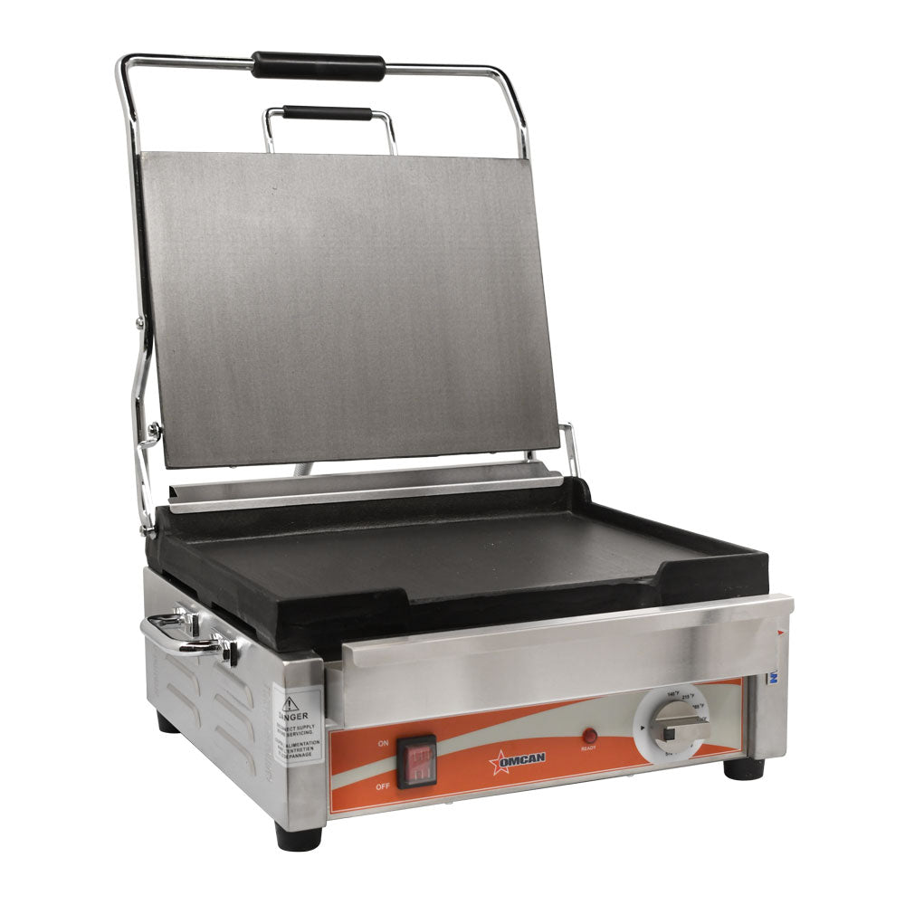 Omcan PG-CN-0679-F Single Panini Grill, 12" x 15" Cast Iron Smooth Plates, Stainless Steel