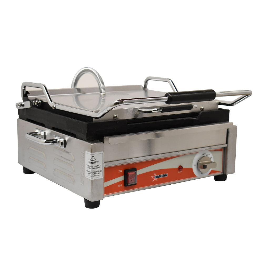 Omcan PG-CN-0679-F Single Panini Grill, 12" x 15" Cast Iron Smooth Plates, Stainless Steel