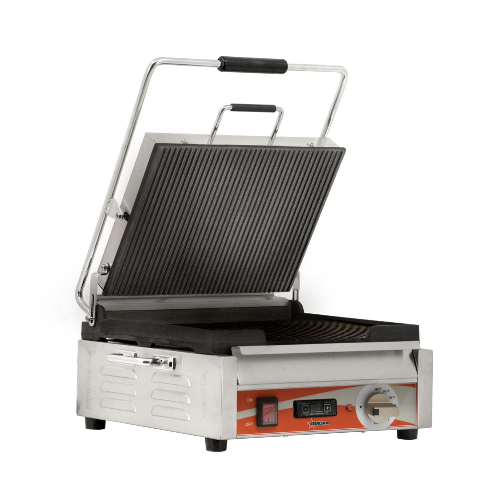 Omcan PG-CN-0679-RT 19 In. Single Panini Grill, 12" x 15" Ribbed Cast Iron Plates, 1,800W, Timer, Thermostat Control