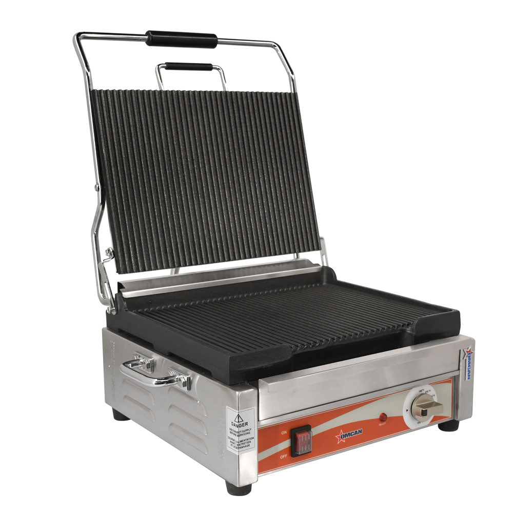 Omcan PG-CN-0679-R Single Panini Grill, 12" x 15" Cast Iron Grooved Plates, Stainless Steel