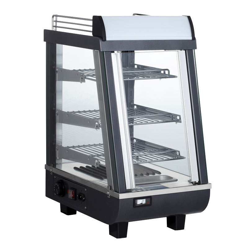 Omcan DW-CN-0076 13 In. Countertop Self-Serve Display Warmer, 76L (2.68 Cu. Ft.), 3 Shelves, Sliding Doors, LED Lighting